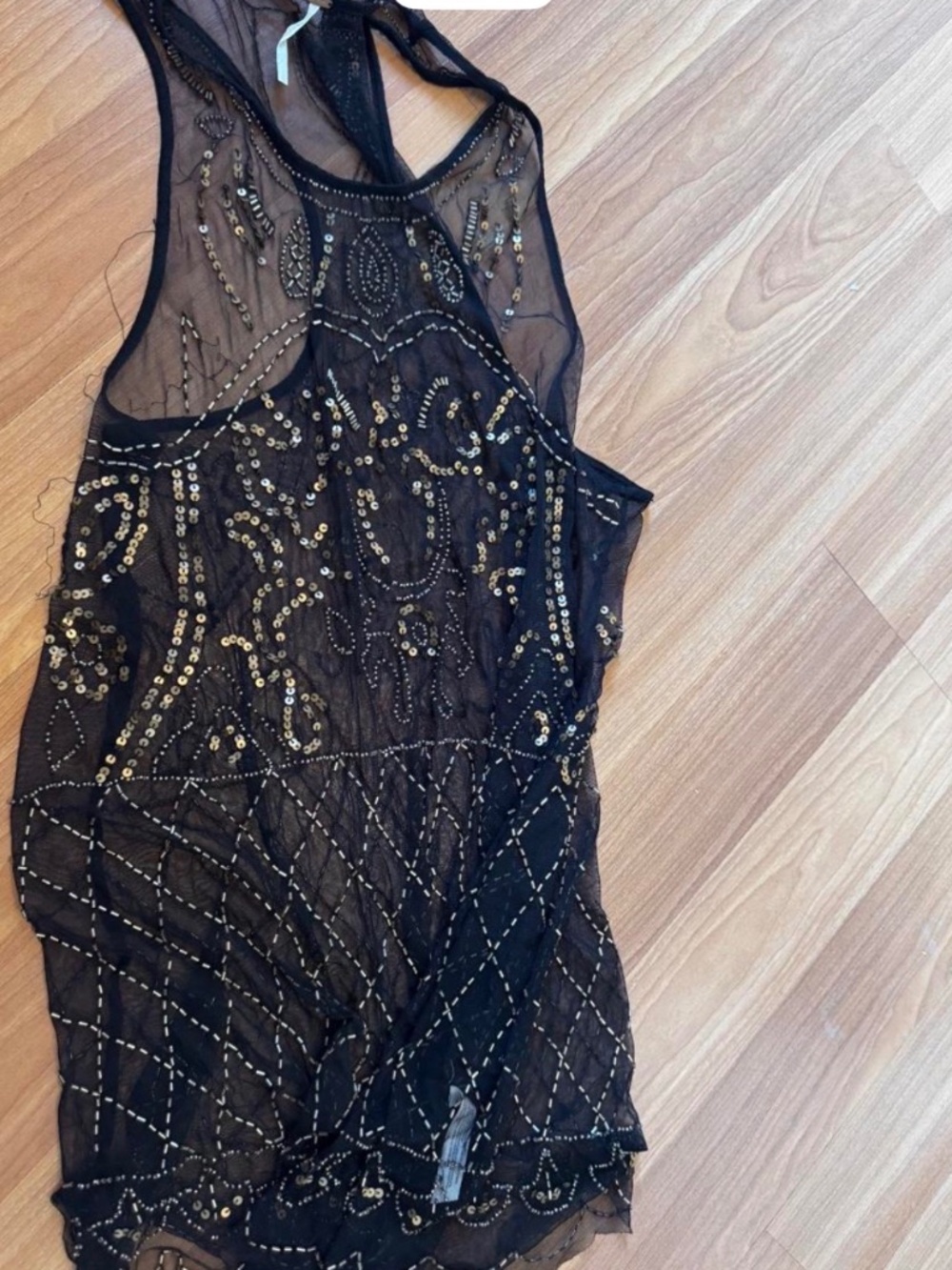 Black mesh dress with gold sequins